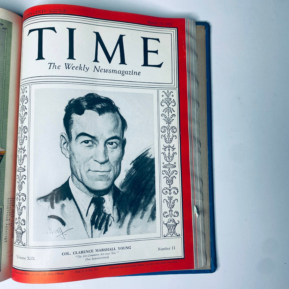 Time Magazine cover featuring Colonel Clarence Marshall Young, published March 14, 1932, for the Time Magazine Library Bound January 4-March 28, 1932 FDR Gabby Street.