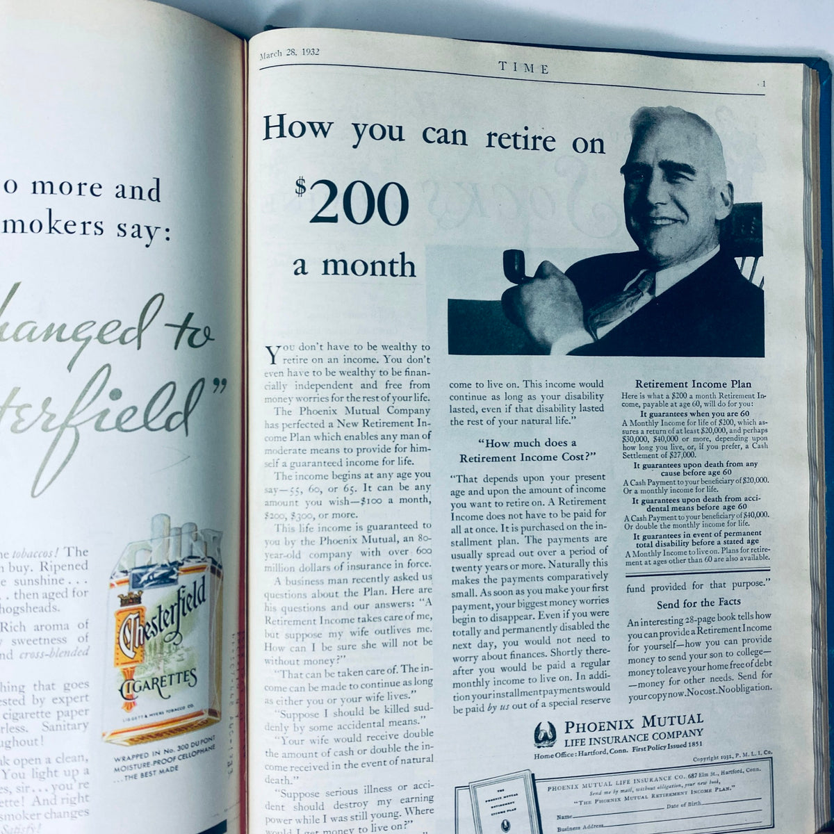 Inside page of Time Magazine from March 21, 1932, discussing retirement plans. Part of the Time Magazine Library Bound January 4-March 28, 1932 FDR Gabby Street collection.