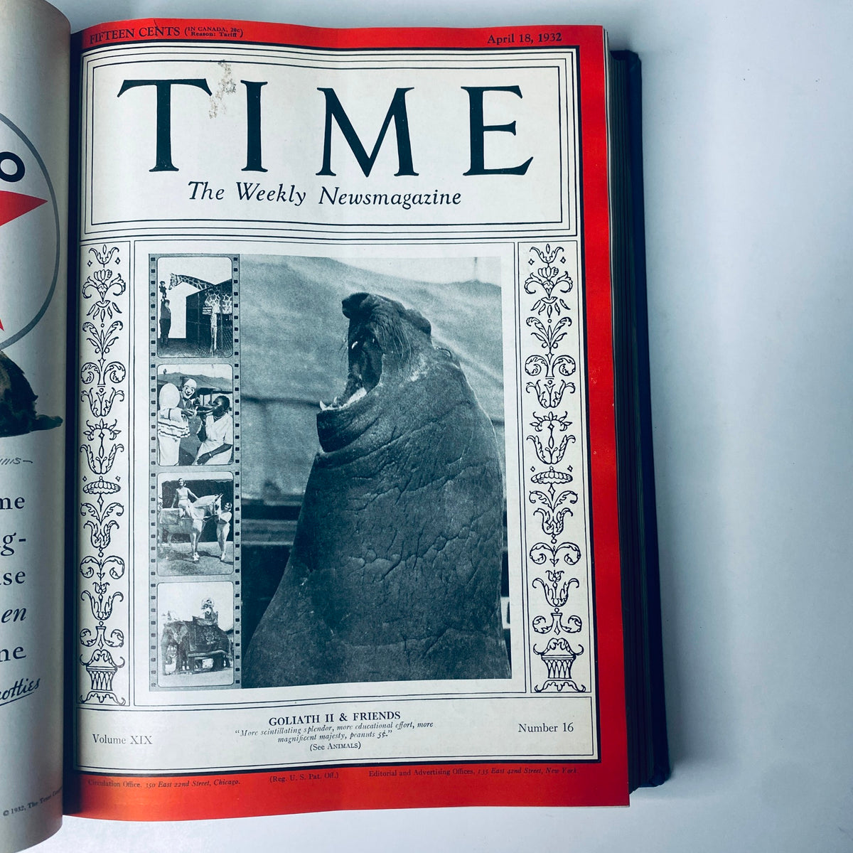 Cover of Time Magazine, April 18, 1932, showcasing Goliath II & Friends, with a distinctive image of a seal in a playful pose.