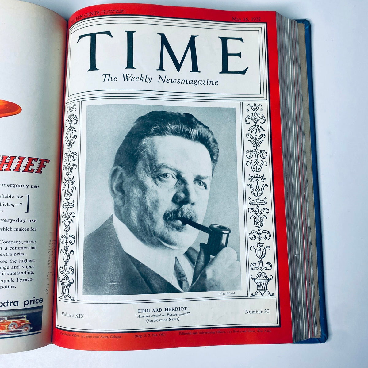 Cover of Time Magazine, May 16, 1932, featuring Édouard Herriot, the French politician, depicted with a pipe and a thoughtful expression.