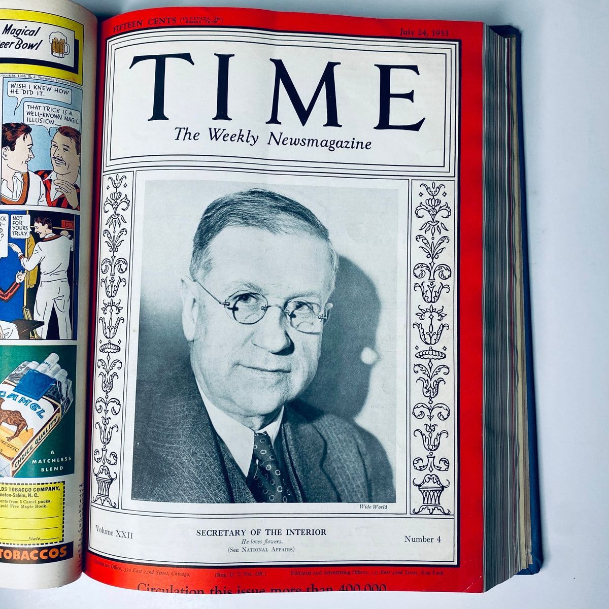 Cover of Time Magazine from July 24, 1933, featuring Secretary of the Interior, as part of the Library Bound edition July 3-September 25, 1933, documenting historical events.