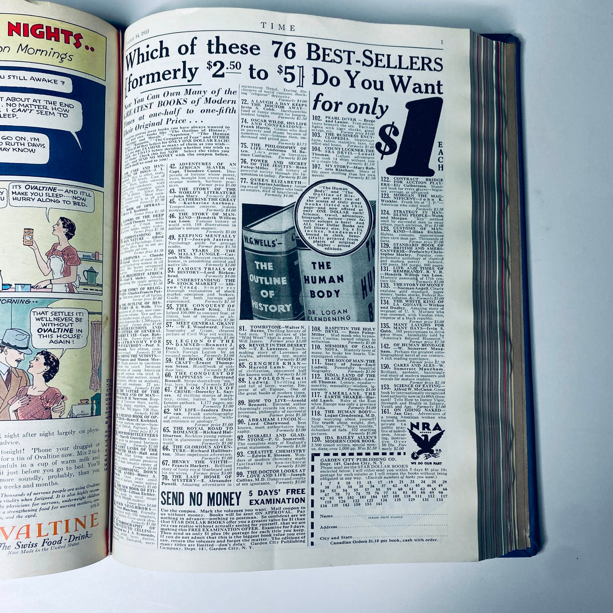 Time Magazine Library Bound July 3-September 25, 1933 Joseph Goebbels GORING featuring an advertisement for best-sellers from 1933 with a price of $1.