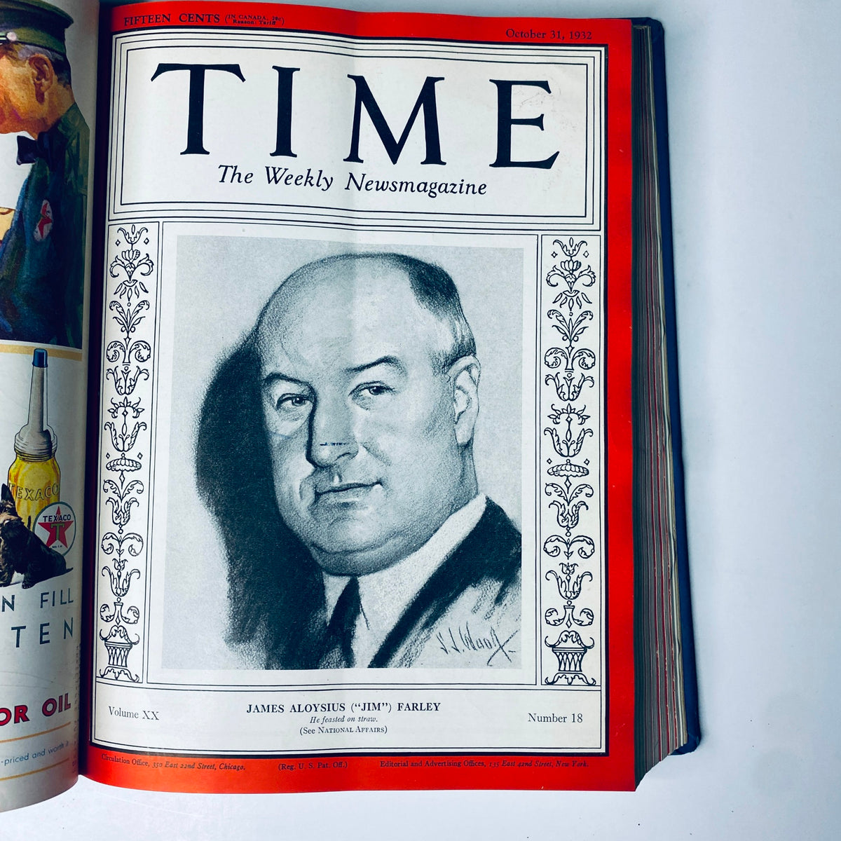 Cover of Time Magazine from October 31, 1932, featuring James Aloysius 'Jim' Farley, highlighting the content related to the political landscape during the final months of the 1932 U.S. presidential election.