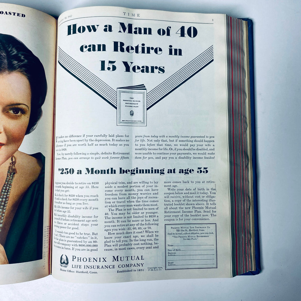 Advertisement from Time Magazine detailing retirement planning, illustrating how a man of 40 can retire in 15 years with Phoenix Mutual life insurance, part of the October 1932 issues.