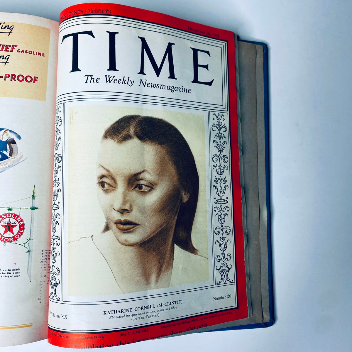 Cover page of Time Magazine dated December 26, 1932 featuring Katherine Cornell McClintic, an iconic actress of the time. This image is part of the Time Magazine Library Bound from October 3 to December 26, 1932.