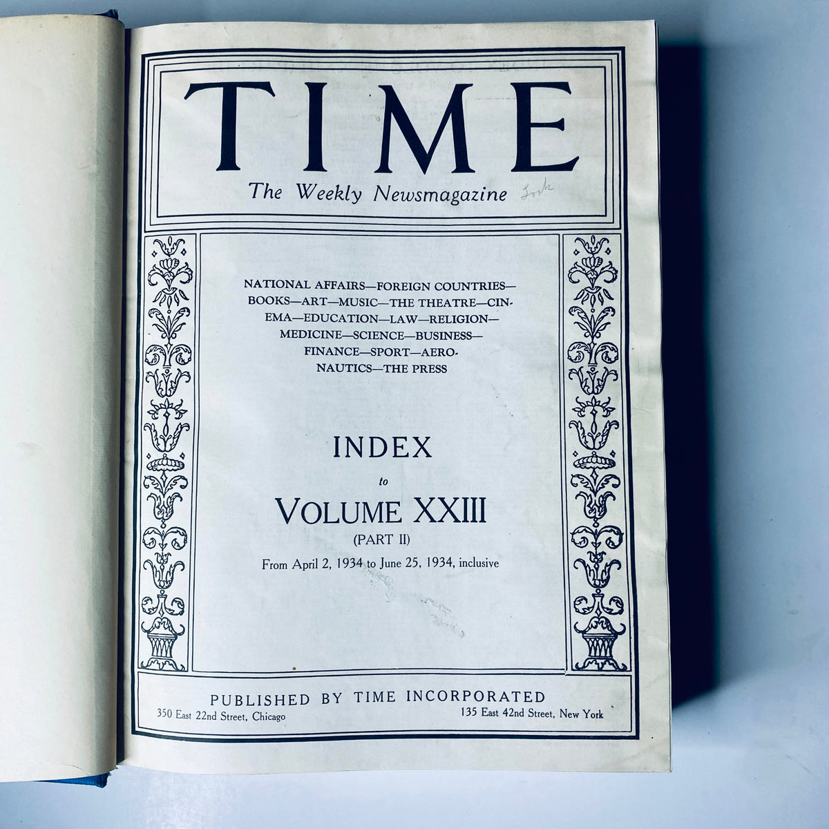 Time Magazine Library Bound April 2- June 25, 1934 presenting the index page of Volume XXIII, Part II.
