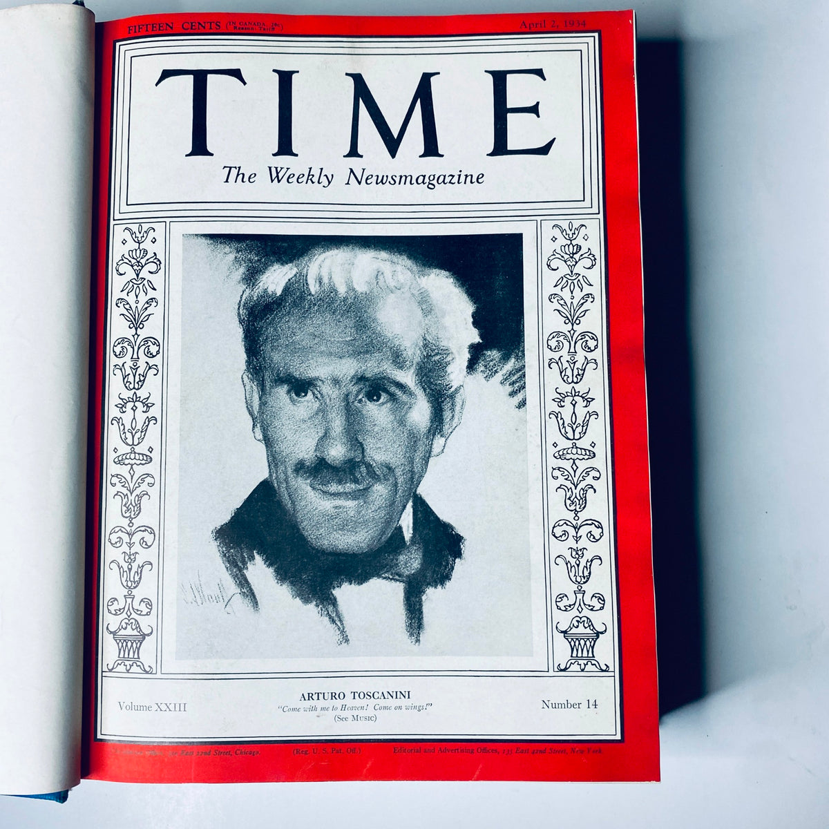 Time Magazine Library Bound April 2- June 25, 1934 featuring the cover page with an illustration of Arturo Toscanini, dated April 2, 1934.