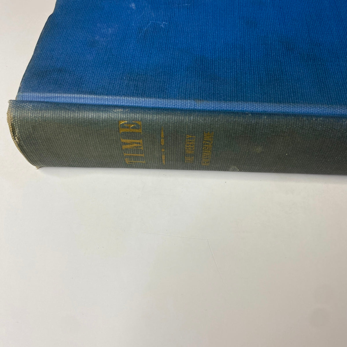 Close-up of the spine of Time Magazine Library Bound book, showing blue cover with gold lettering, dated 1933.
