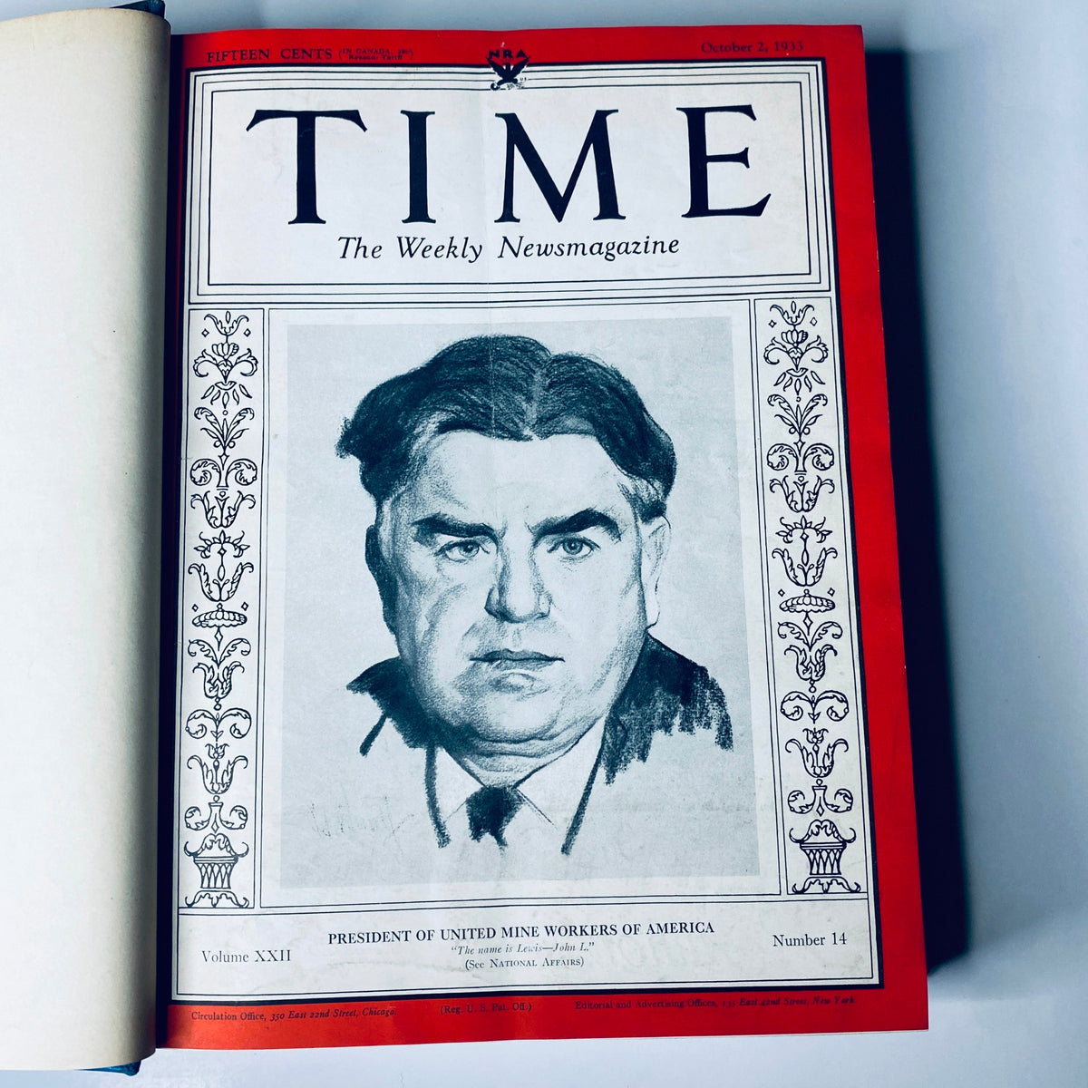 Cover page of "Time Magazine" from October 2, 1933, featuring a portrait of the President of United Mine Workers of America, included in the "Time Magazine Library Bound October 2-December 25, 1933 General Chiang Kai-Shek."