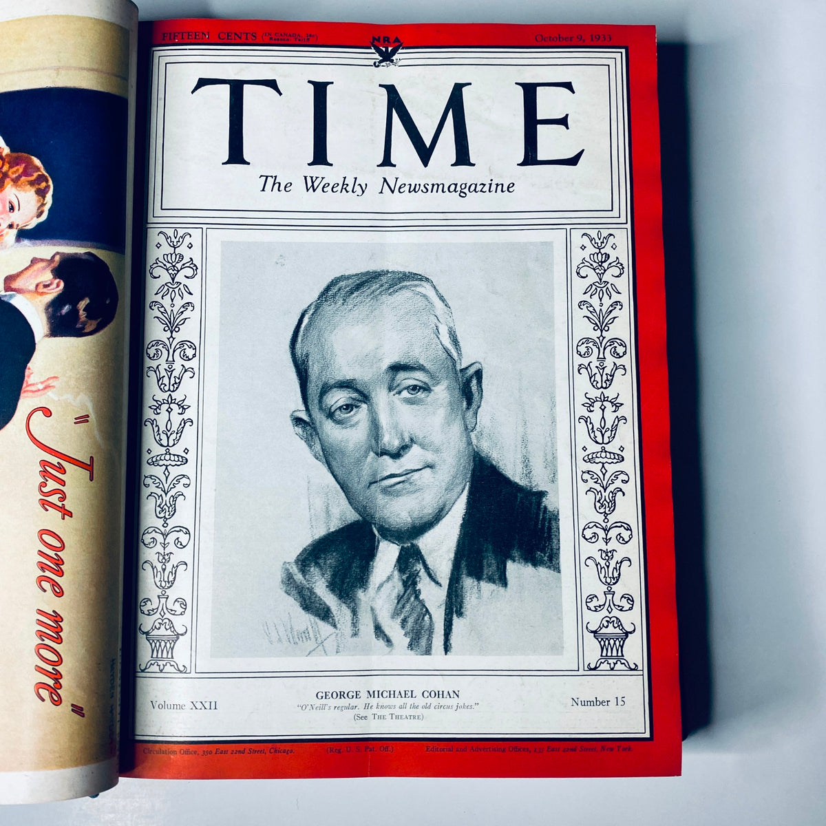 Cover page of "Time Magazine" from October 9, 1933, showcasing George Michael Cohan, featured in "Time Magazine Library Bound October 2-December 25, 1933 General Chiang Kai-Shek."