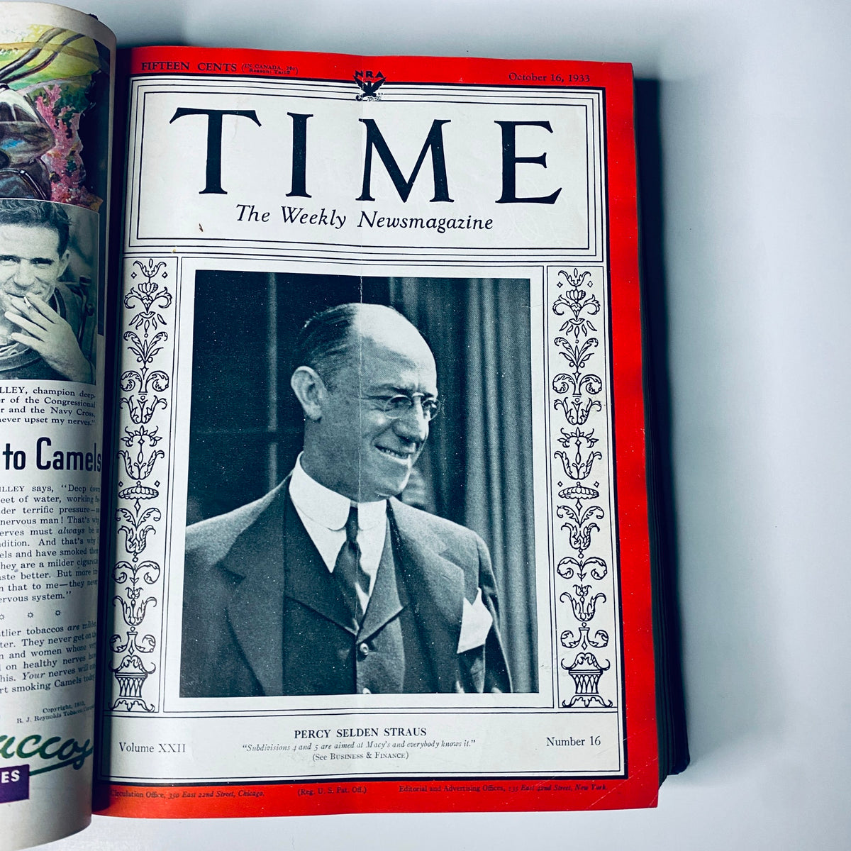 Time Magazine cover dated October 16, 1933 featuring Percy Selden Straus, from the Time Magazine Library Bound October 2-December 25, 1933 edition.
