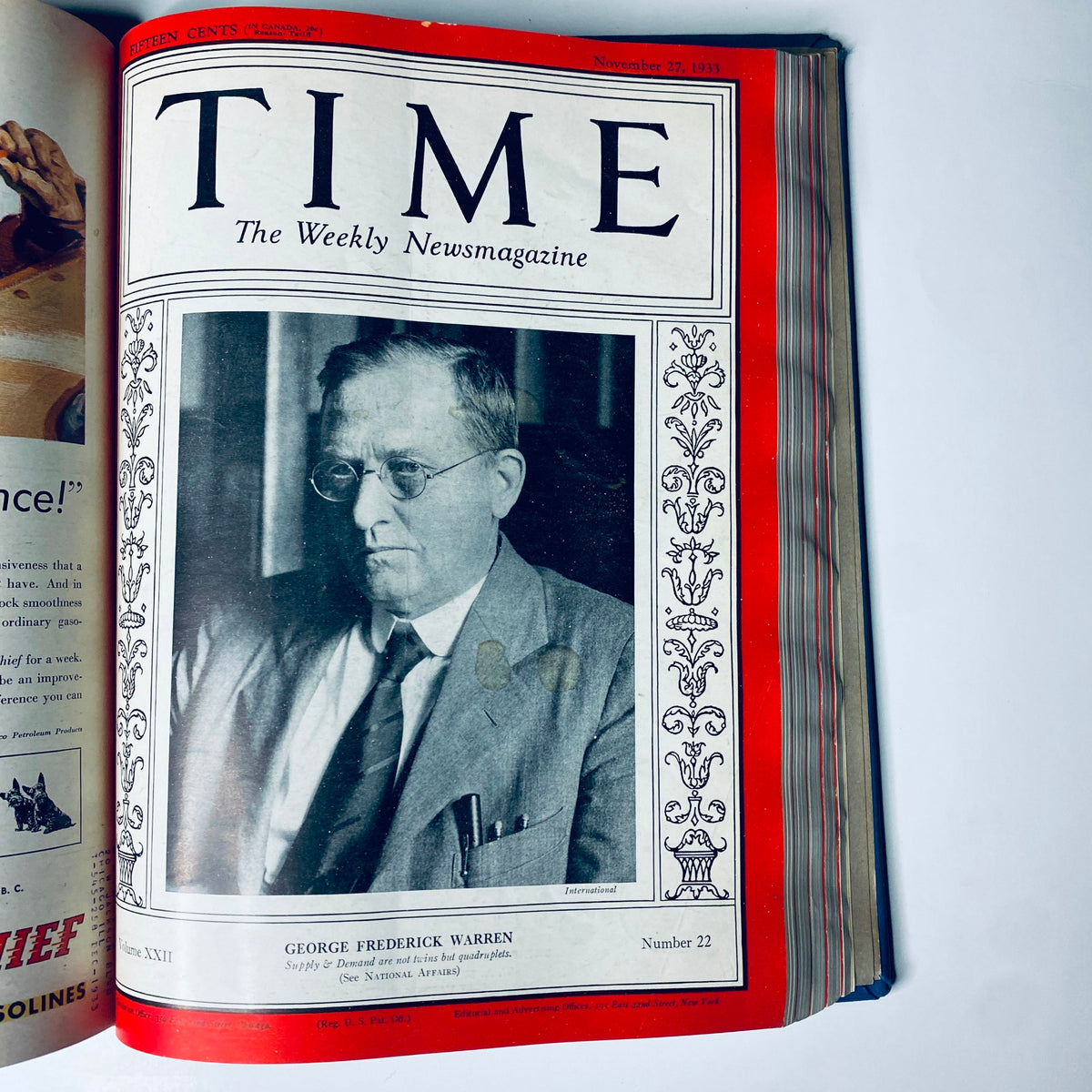 Cover of Time Magazine featuring George Frederick Warren from November 27, 1933. This image is part of the library bound volume containing editions from October 2 through December 25, 1933.