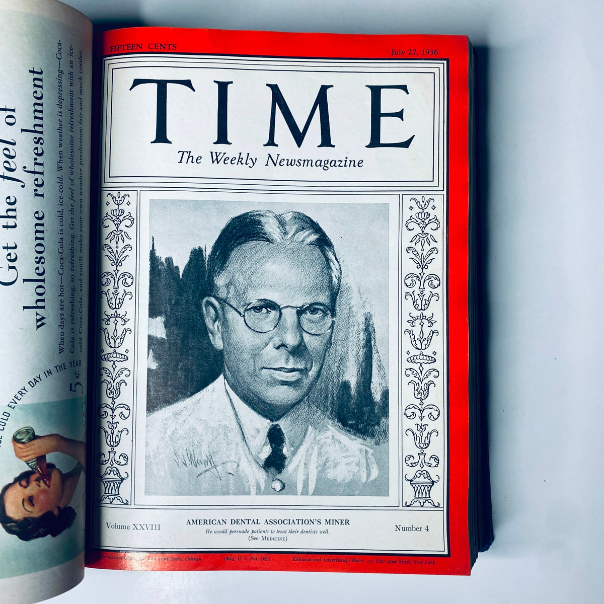 Cover of Time Magazine from July 27, 1936 showcasing American Dental Association's Miner, included in the Time Magazine Library Bound July 6- September 28, 1936 Gable.
