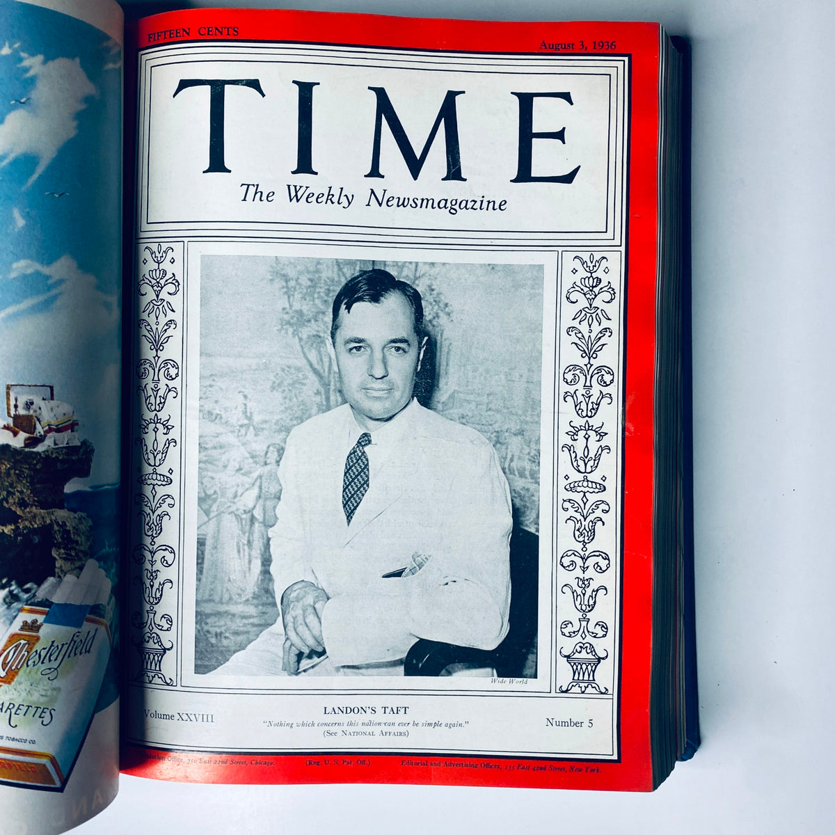 Cover of Time Magazine from August 3, 1936 featuring Landon’s Taft, part of the Time Magazine Library Bound July 6- September 28, 1936 Gable.