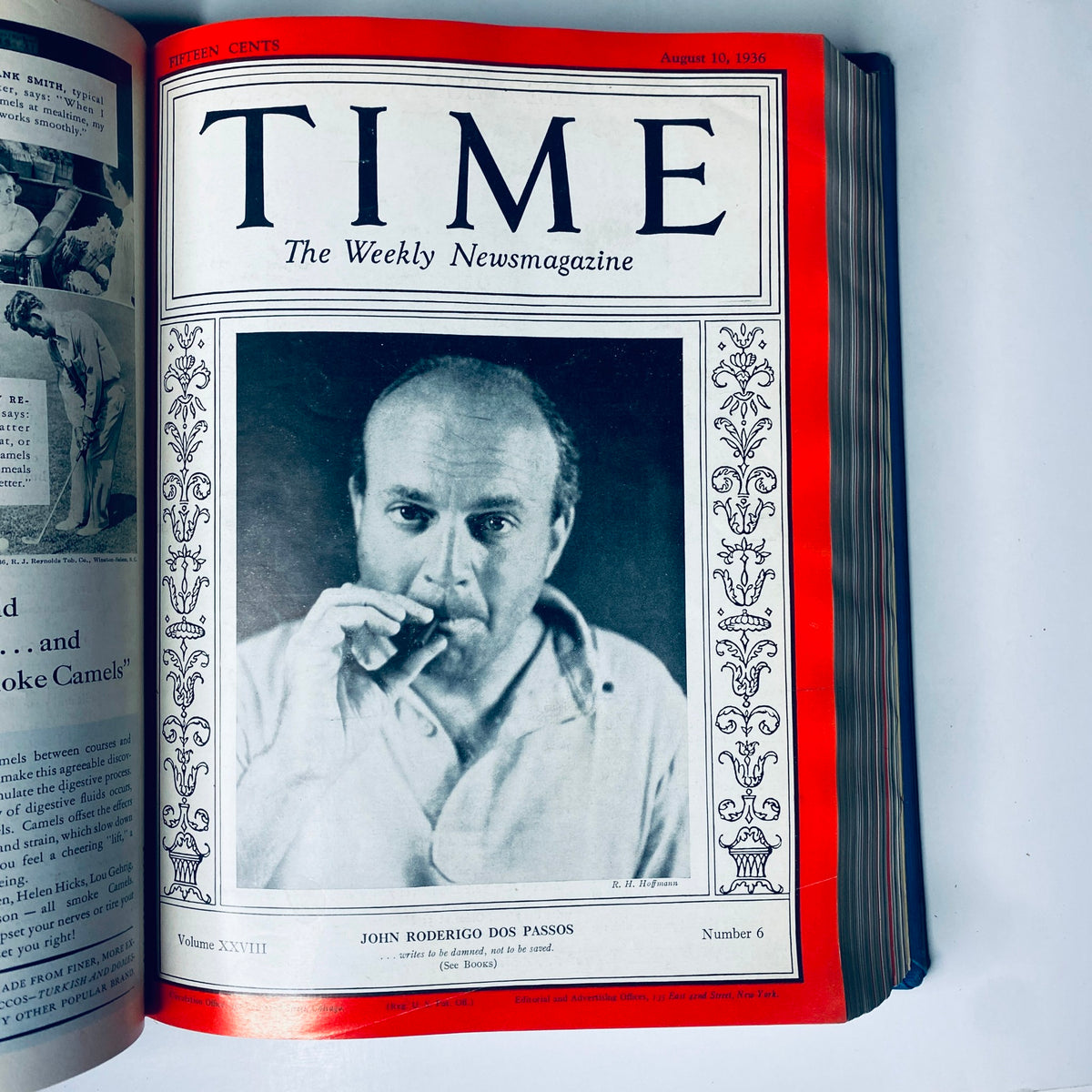 Cover of Time Magazine from August 10, 1936 highlighting writer John Roderigo Dos Passos, as seen in the Time Magazine Library Bound July 6- September 28, 1936 Gable.
