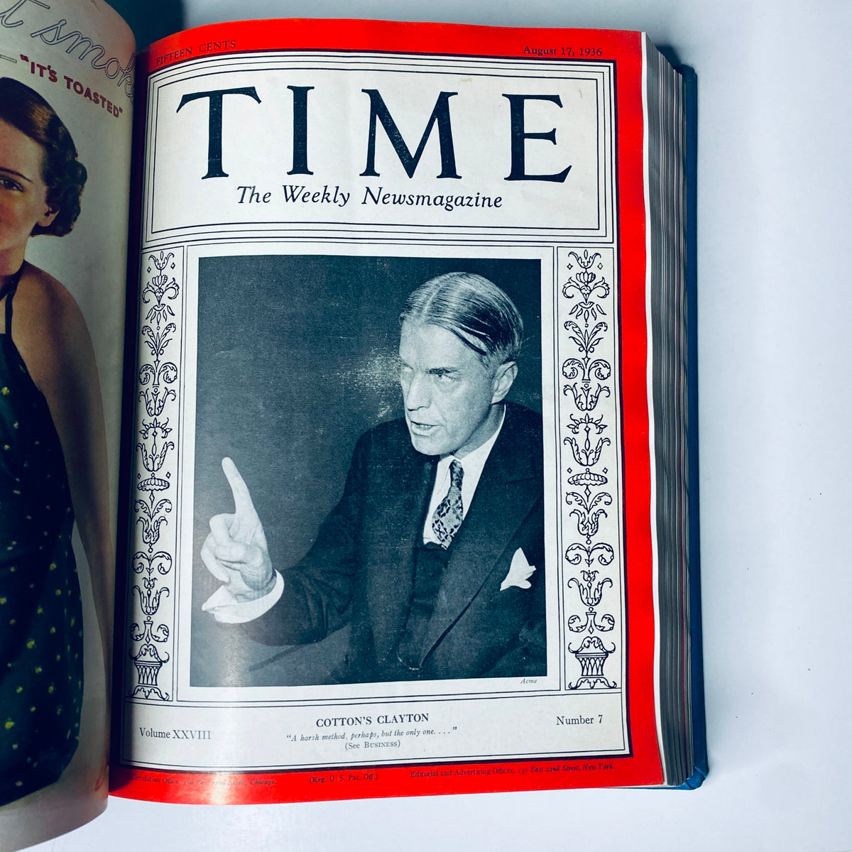 Cover of Time Magazine from August 17, 1936 featuring Cotton's Clayton, part of the Time Magazine Library Bound July 6- September 28, 1936 Gable.