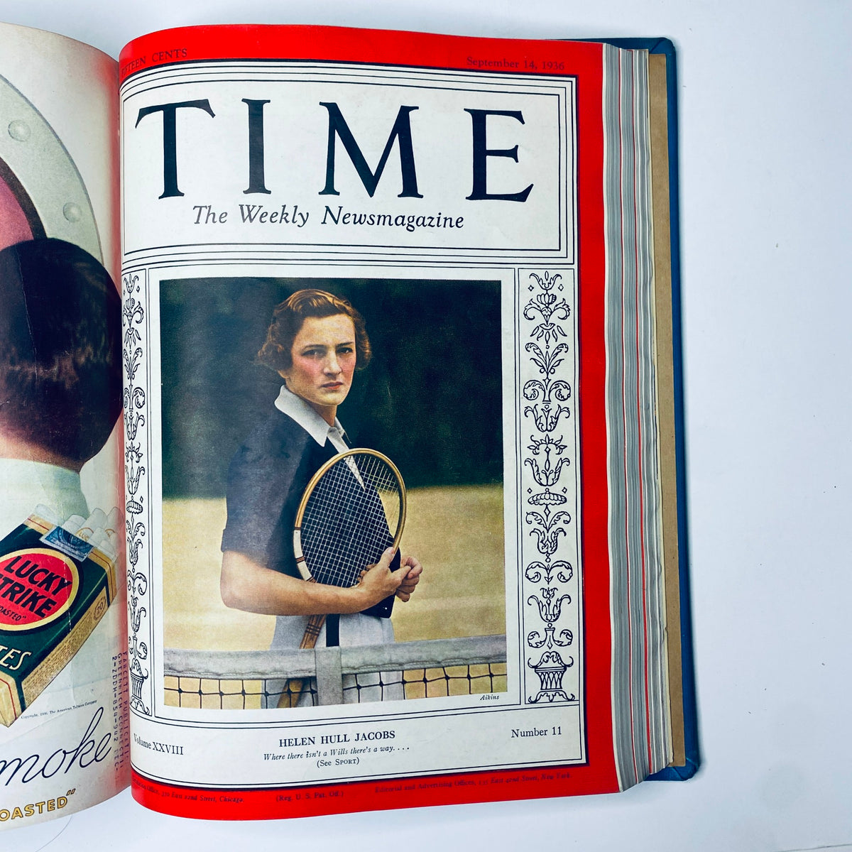 Cover of Time Magazine dated September 14, 1936 featuring Helen Hull Jacobs, a prominent figure in tennis, part of the Time Magazine Library Bound July 6- September 28, 1936.