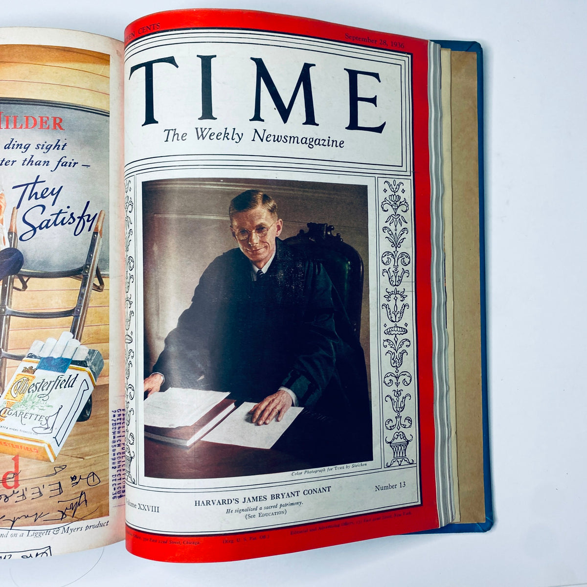 Cover of Time Magazine dated September 28, 1936 showcasing Harvard's James Bryant Conant, part of the Time Magazine Library Bound July 6- September 28, 1936.