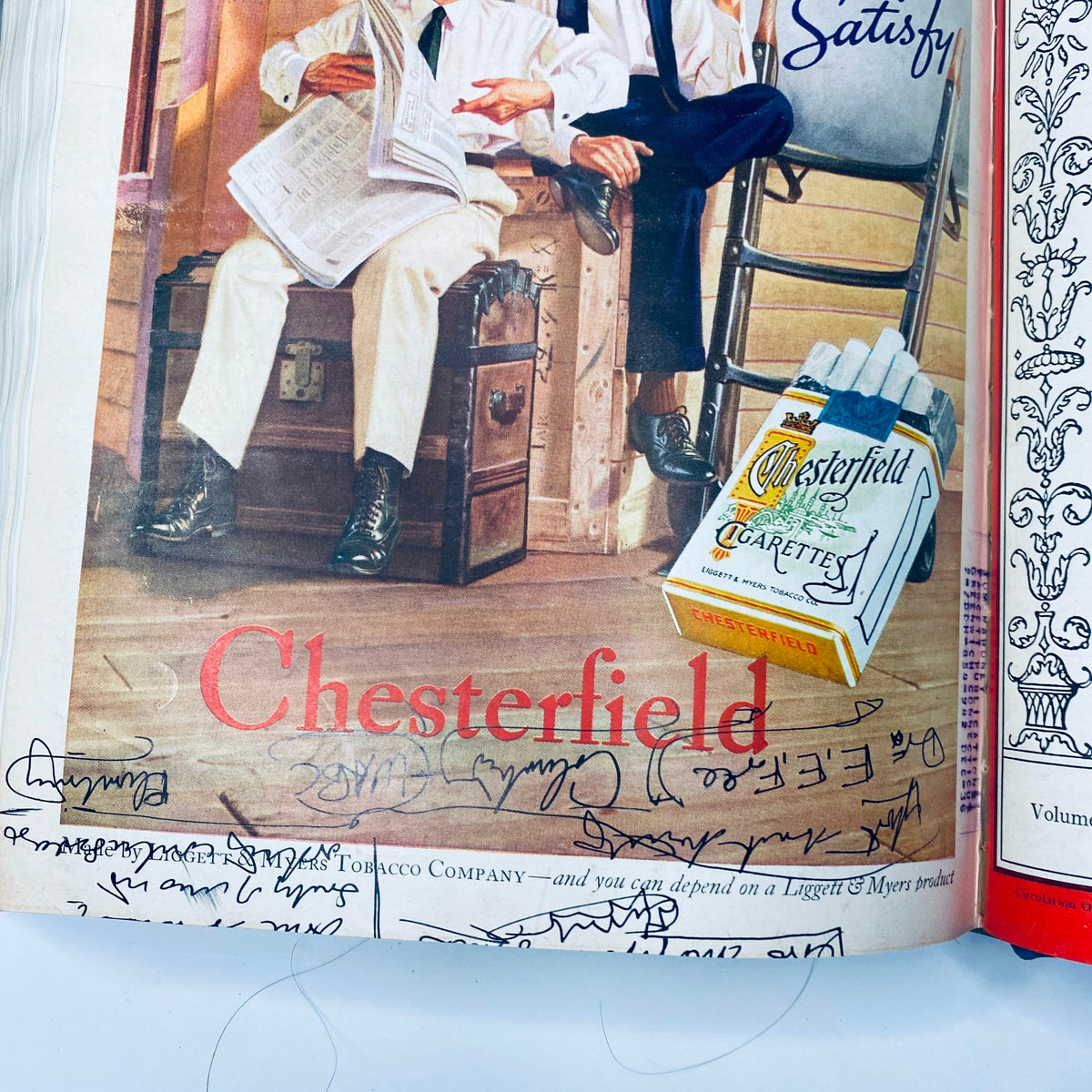 Vintage advertisement featuring Chesterfield cigarettes from Time Magazine Library Bound July 6 - September 28, 1936. The ad showcases two men reading a newspaper, emphasizing the brand's appeal.