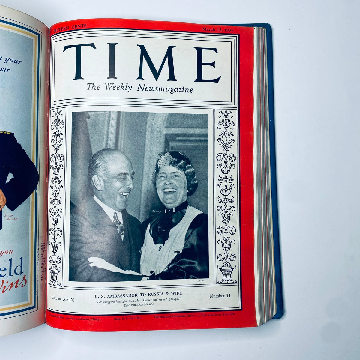 Cover of Time Magazine Library Bound January 4-March 29, 1937 featuring the U.S. Ambassador to Russia and his wife on March 15, 1937 issue. The black and white photograph presents a moment of joy, framed in a classic magazine design.