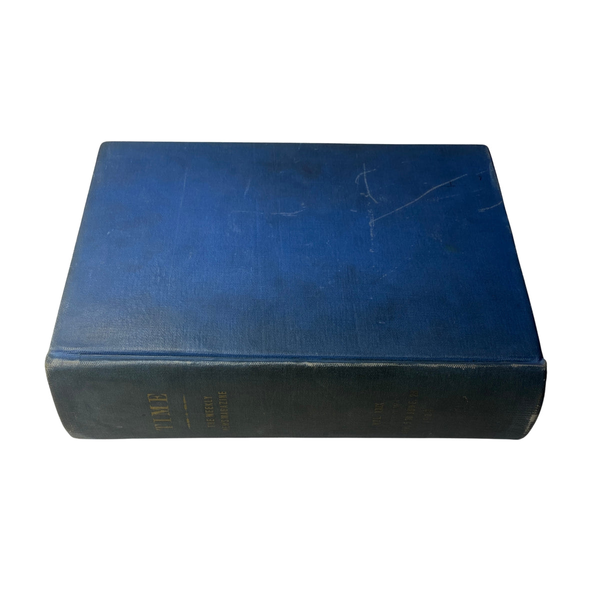 Side view of the Time Magazine Library Bound April 5- June 28, 1937 showcasing the spine with embossed title.
