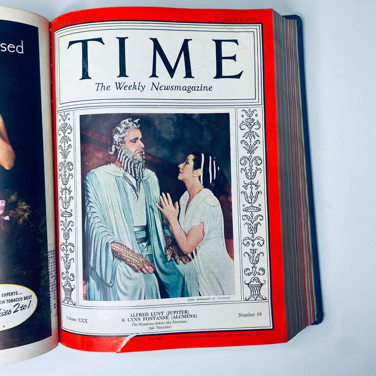 Cover of Time Magazine from November 8, 1937, featuring Alfred Lunt and Lynn Fontanne, highlighting the article about their theatrical performance, part of the Time Magazine 1937 July-Dec Bound collection.