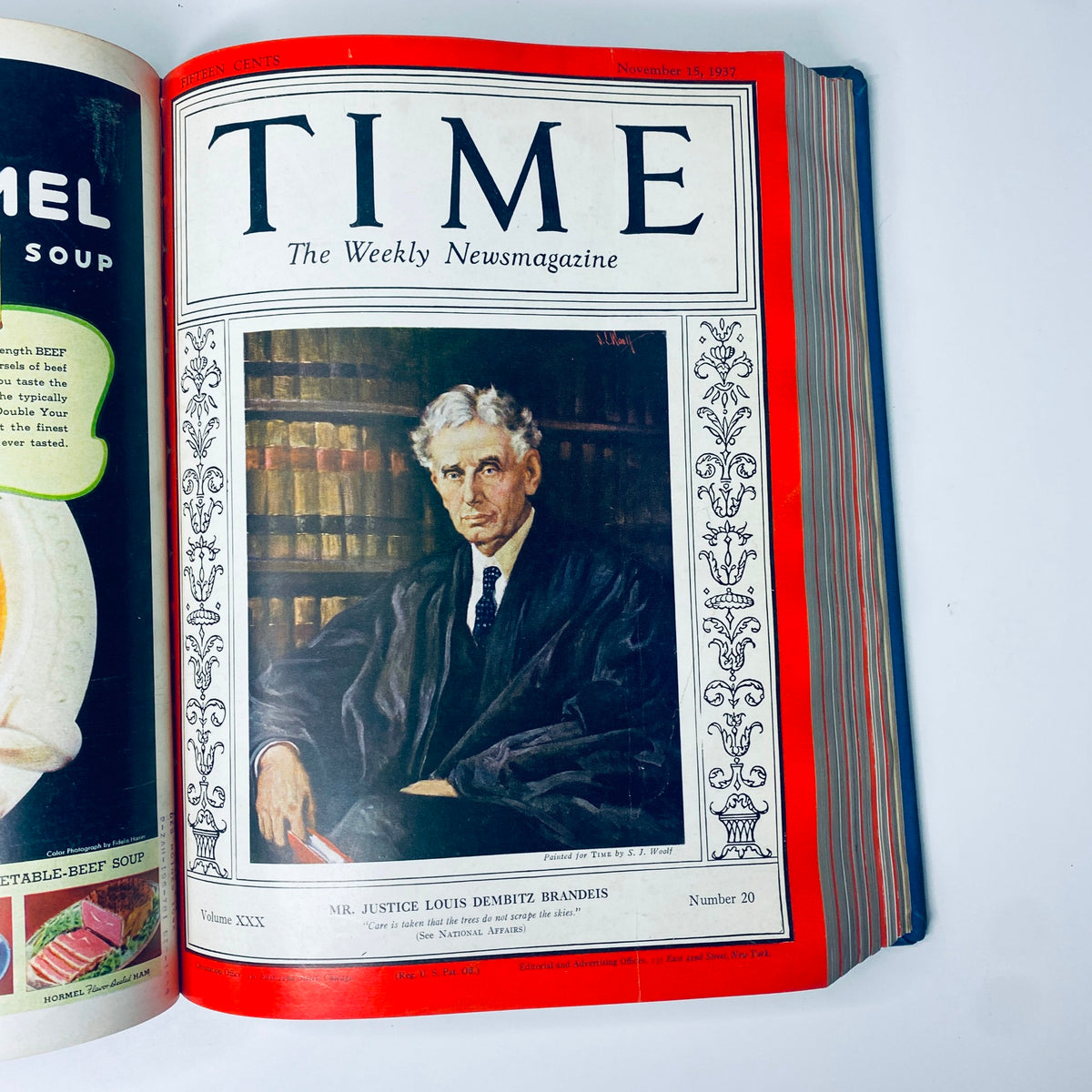 Cover of Time Magazine from November 15, 1937, showcasing a portrait of Mr. Justice Louis Dembitz Brandeis, an important figure in law, from the Time Magazine 1937 July-Dec Bound collection.
