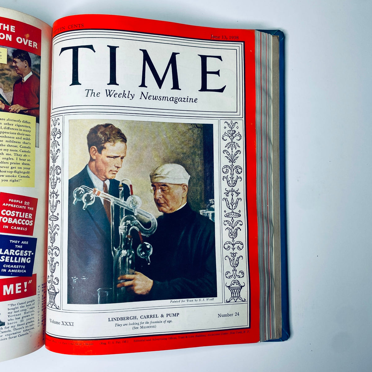 Time Magazine cover from June 13, 1938 featuring Lindbergh, Carrel & Pump, part of the Time Library Bound Weekly Magazine – April 4 to June 27, 1938.