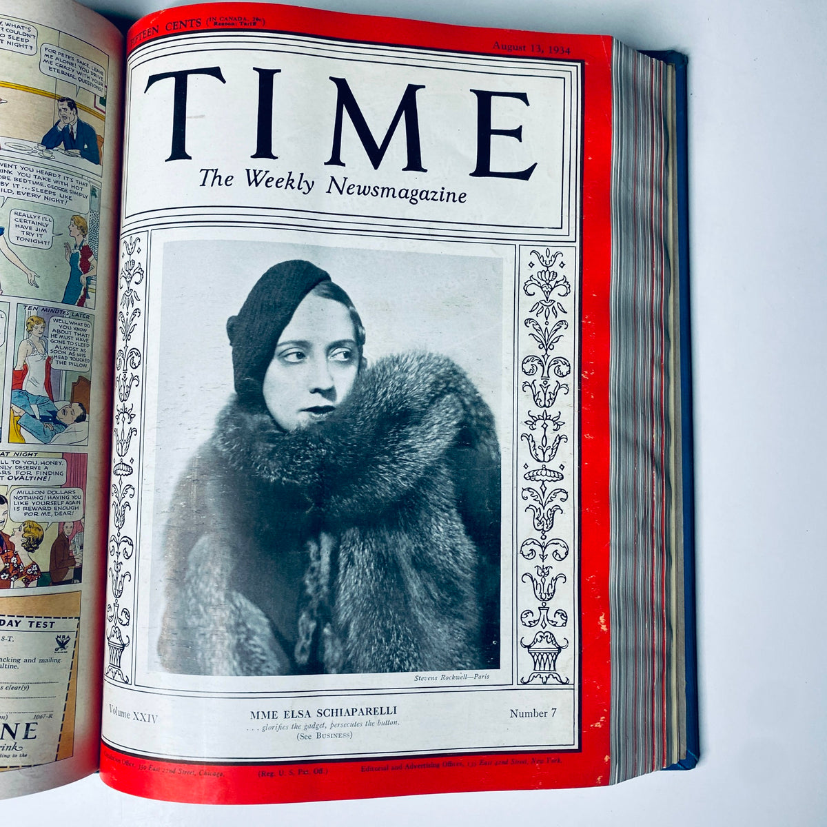 Time Magazine cover from August 13, 1934, featuring the fashion designer MME Elsa Schiaparelli. Title: Time Magazine Library Bound July 2- September 24, 1934 Riza Shah Pahlevi Persia.