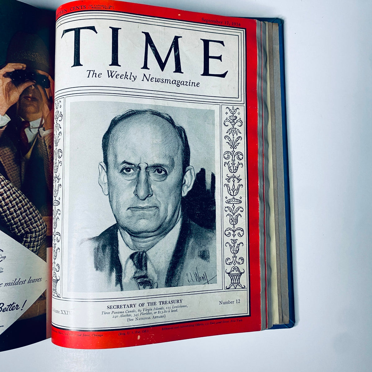 Cover of Time Magazine dated September 17, 1934 featuring the Secretary of the Treasury, associated with the Time Magazine Library Bound July 2- September 24, 1934 Riza Shah Pahlevi Persia.