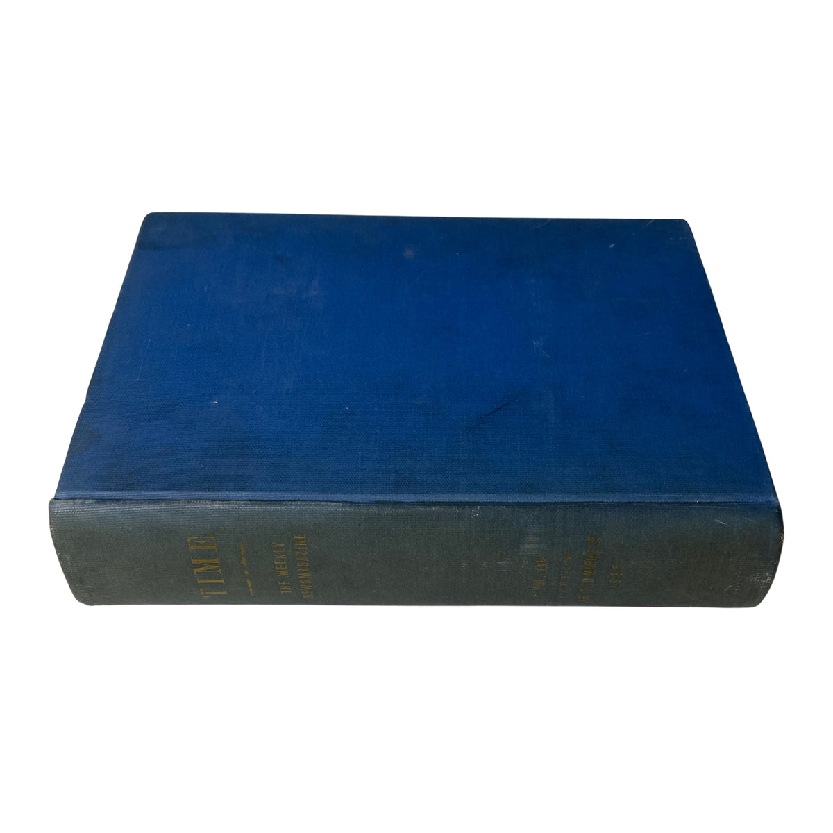 Time Magazine Library Bound January 7- March 25, 1935 - A side view of the bound volume showing its blue cover and gold lettering, highlighting its historical significance.