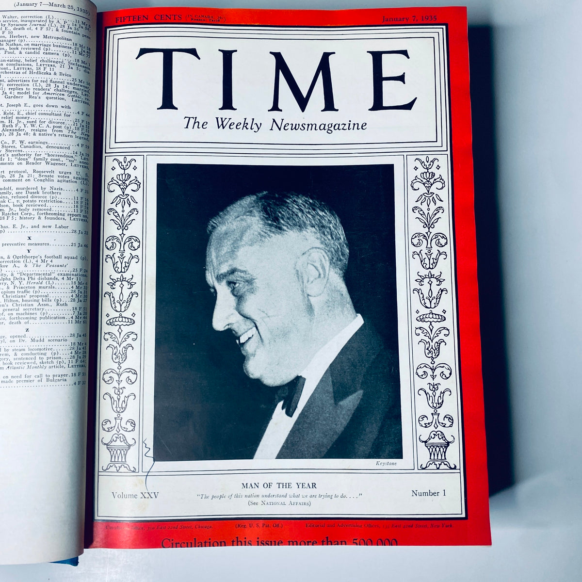 Cover of Time Magazine dated January 7, 1935, featuring FDR as Man of the Year. Highlights significant events and personalities during the Great Depression.
