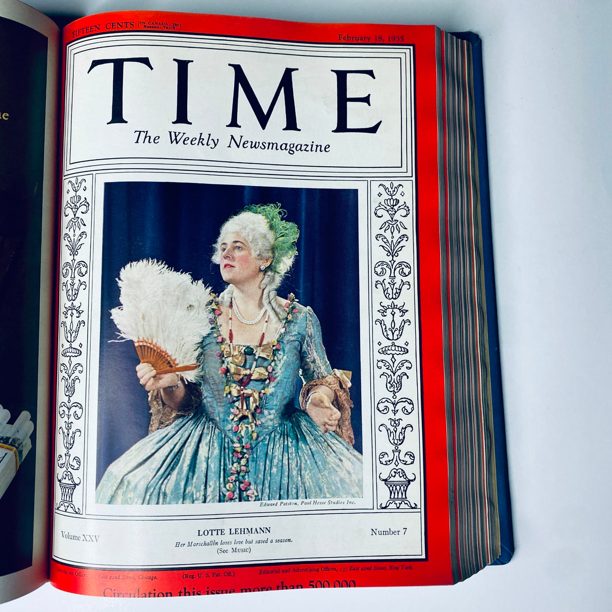 Time Magazine cover showcasing Lotte Lehmann, February 18, 1935, as part of the Time Magazine Library Bound collection, January 7 - March 25, 1935.
