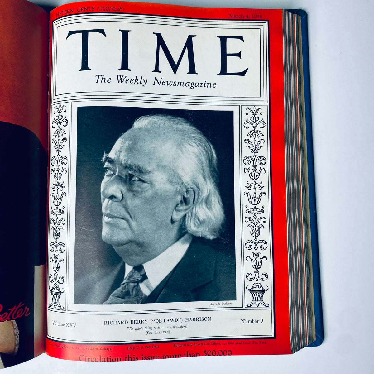 Time Magazine cover featuring Richard Berry "De Lawd" Harrison, March 4, 1935, as part of the Time Magazine Library Bound collection, January 7 - March 25, 1935.
