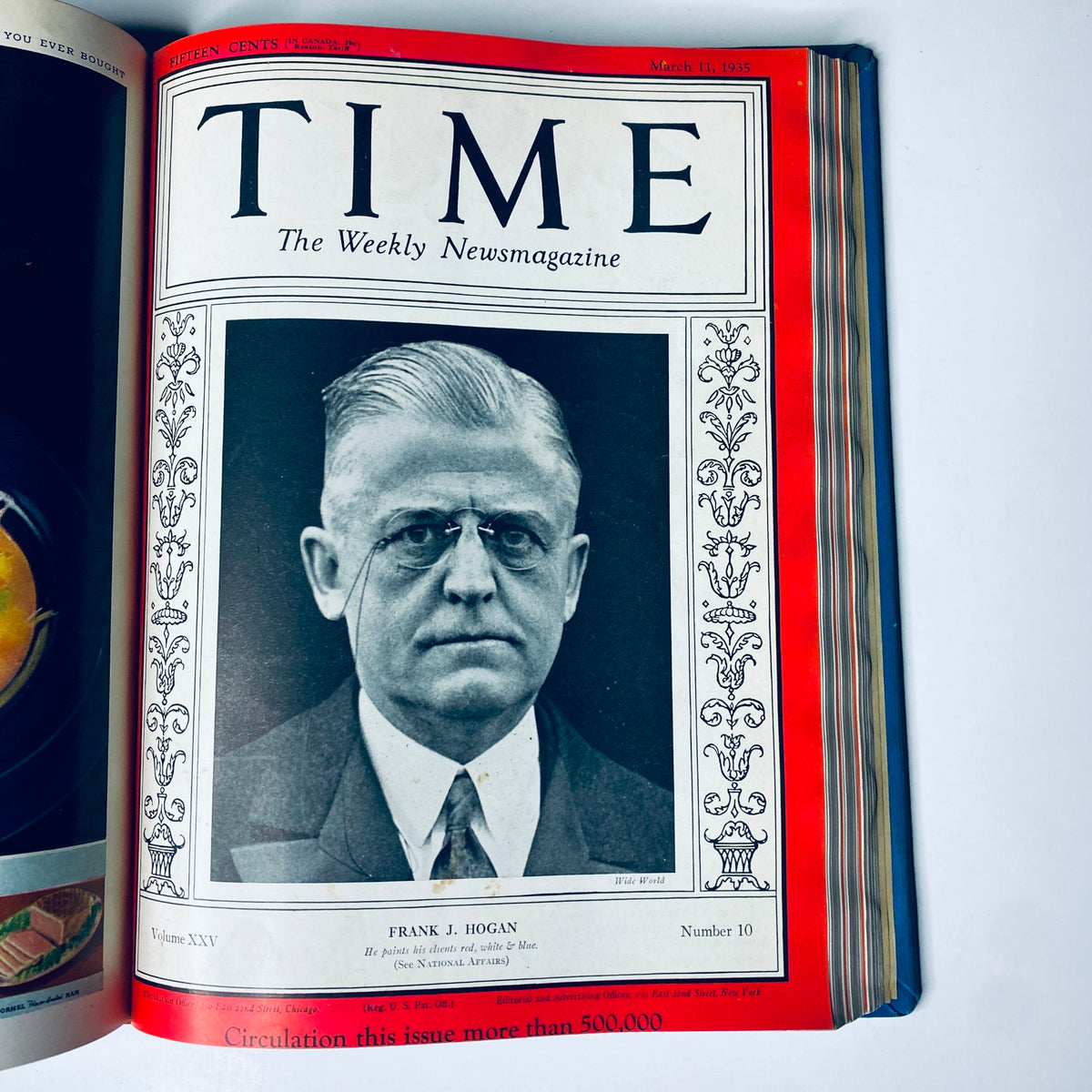Time Magazine cover highlighting Frank J. Hogan, March 11, 1935, as part of the Time Magazine Library Bound collection, January 7 - March 25, 1935.