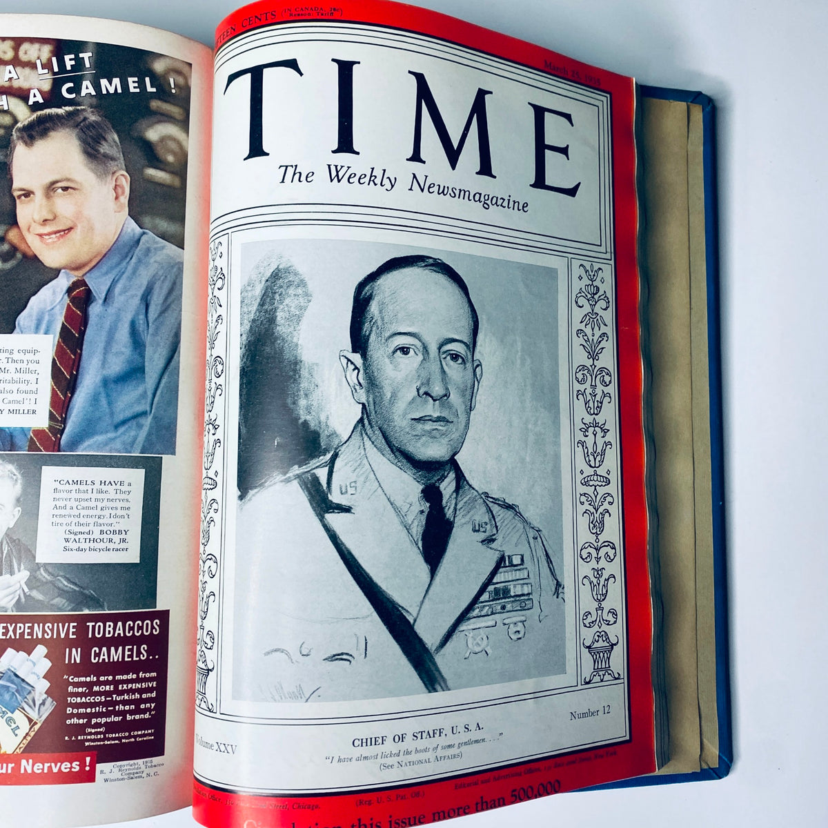 Cover page of Time Magazine, dated March 25, 1935, featuring the illustration of Chief of Staff, U.S.A, in a bound volume from January 7 to March 25, 1935.