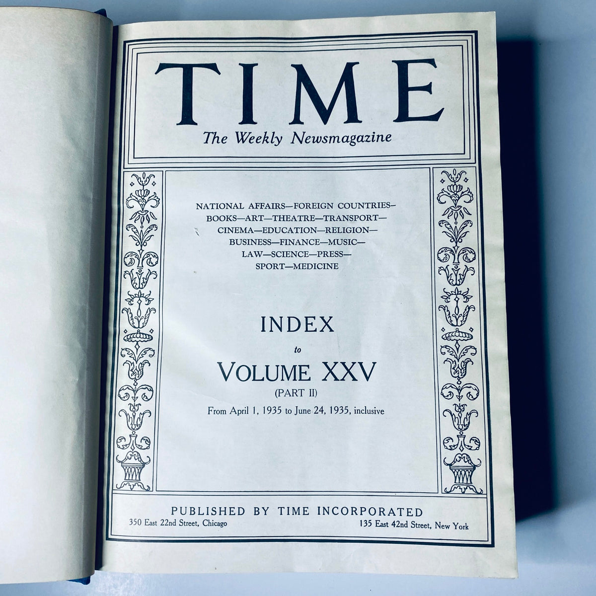 Index page of Time Magazine Volume XXV, detailing national affairs, foreign countries, and various topics from April 1 to June 24, 1935.