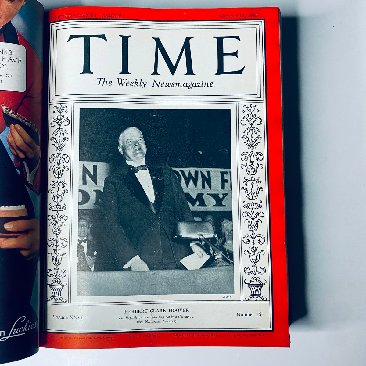 Title: Time Magazine Library Bound October 7- December 30, 1935. Cover of the October 14, 1935 issue showcasing Herbert Clark Hoover, highlighting a key political figure.
