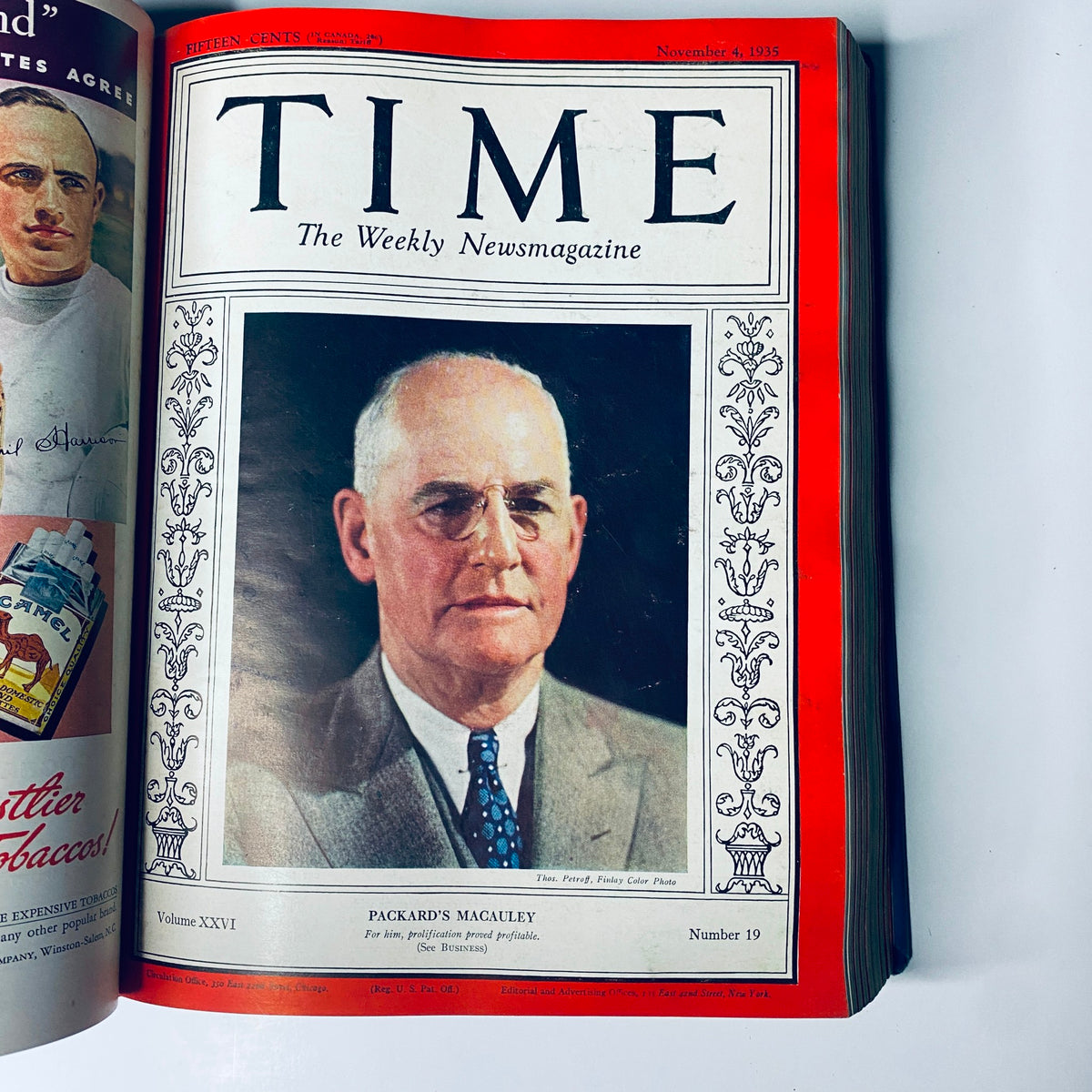 Cover of Time Magazine, November 4, 1935, featuring Packard’s Macauley. Part of the Time Magazine Library Bound collection from October 7 to December 30, 1935.