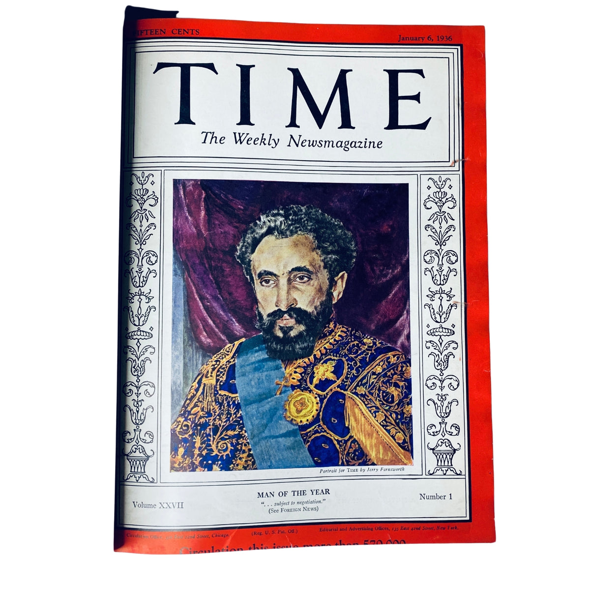 Time Magazine, January 6, 1936, featuring Haile Selassie as Man of the Year on the cover, showcasing a colorful portrait and historical significance.