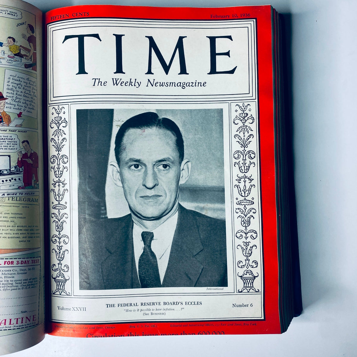 Time Magazine cover featuring the Federal Reserve Board's Eccles from February 10, 1936, part of the Time Library Bound titled 'Time Magazine Library Bound Jan 6-March 30 1936 Haile Selassie Leni Riefensthal'.