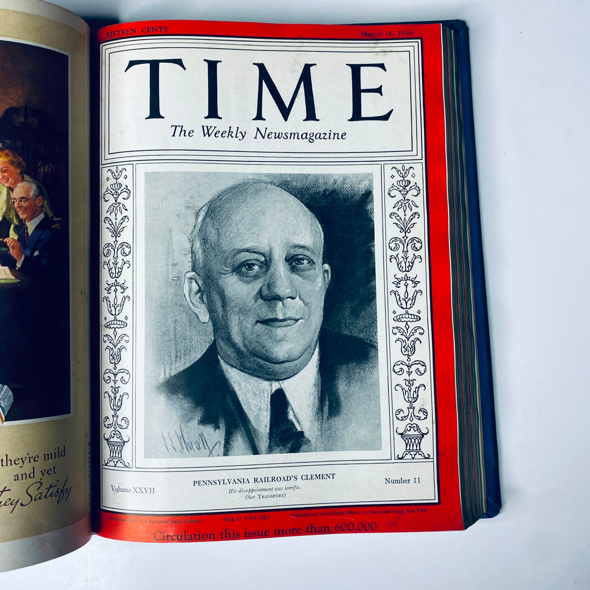 Cover of Time Magazine dated March 16, 1936, featuring Pennsylvania Railroad's Clement, captioned 'Pennsylvania Railroad's Clement', included in the Time Library Bound collection from January 6 to March 30, 1936.