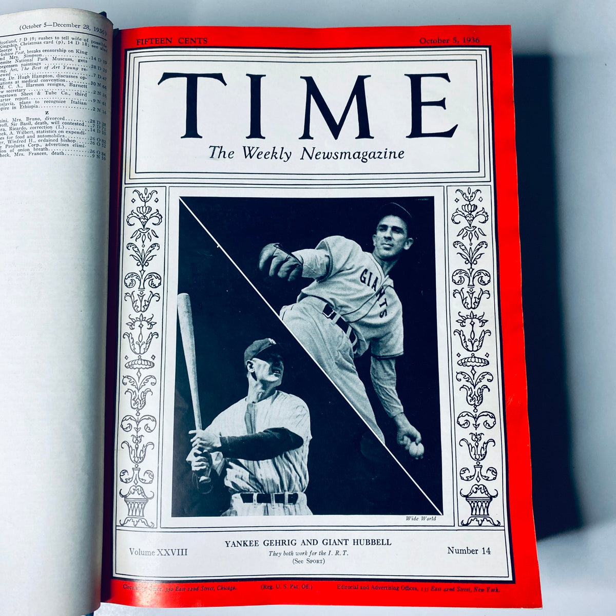 Cover of Time Magazine from October 5, 1936, showcasing baseball legends Yankee Gehrig and Giant Hubbell, featuring their action shots and the title 'YANKEE GEHRIG AND GIANT HUBBELL'. This edition captures key moments from the baseball season.