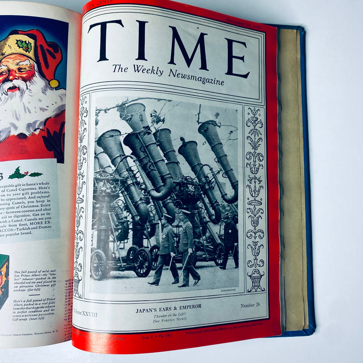 Cover of Time Magazine from December 28, 1936 titled 'Japan's Ears & Emperor', included in the Time Magazine Library Bound October 5-December 28 1936 Lou Gehrig Salvador Dali.