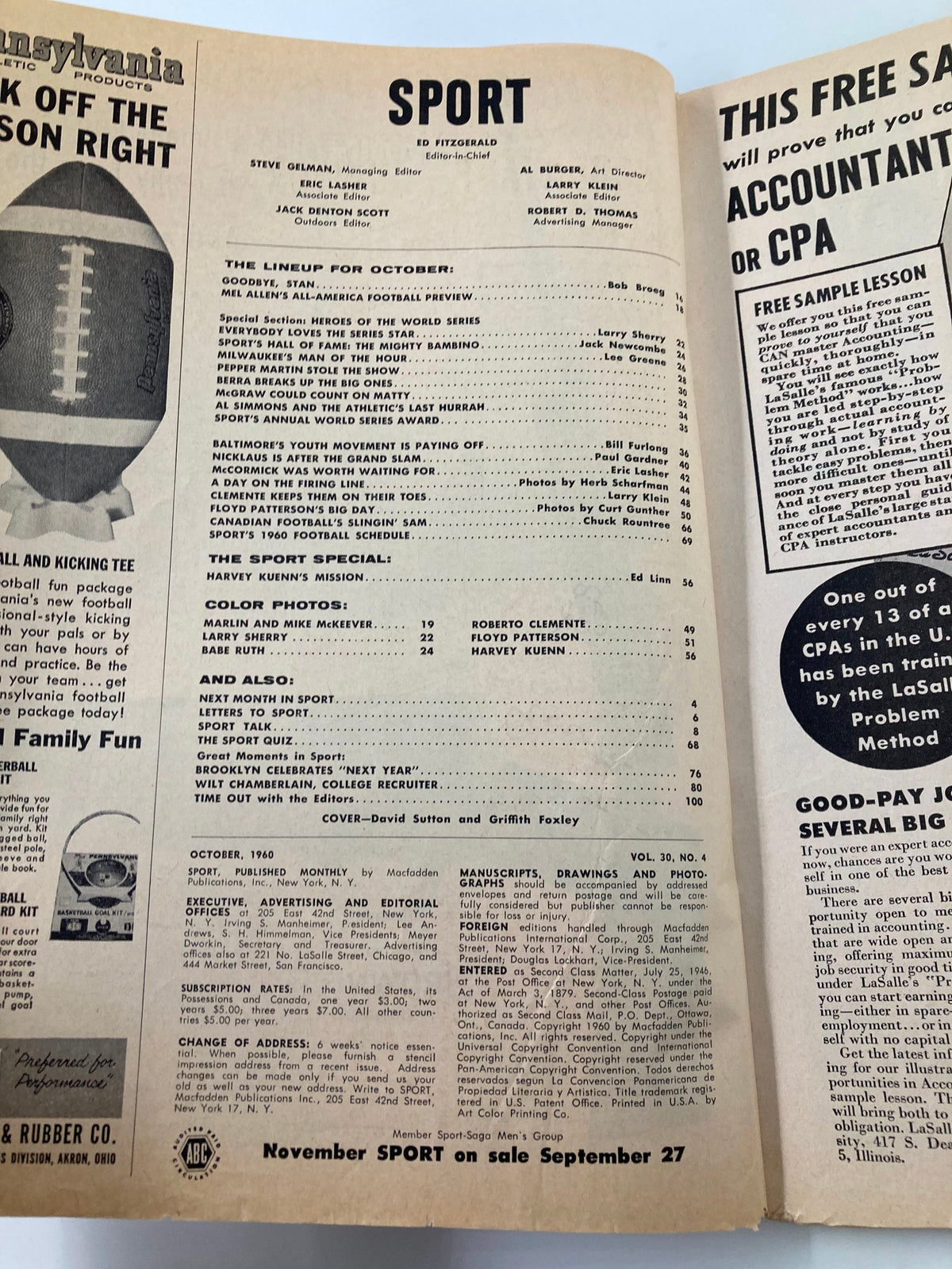 Inside view of the VTG Sport Magazine October 1960, showcasing the editorial lineup and advertisements.