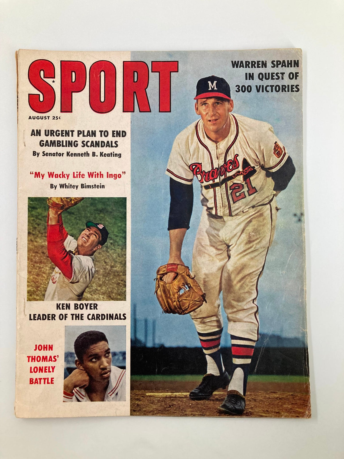 Cover of VTG Sport Magazine August 1961 featuring Warren Spahn on the front, with Ken Boyer and John Thomas highlighted, showcasing classic baseball history.