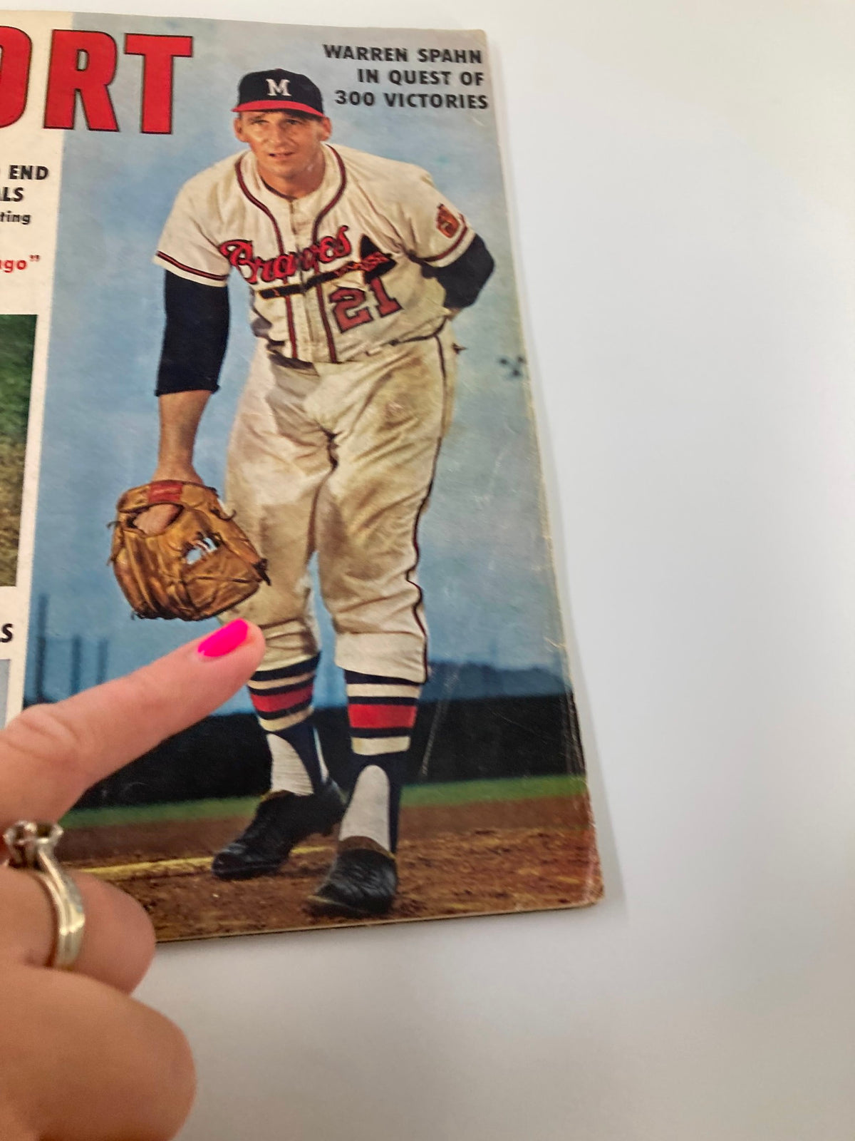 Detailed view of VTG Sport Magazine August 1961 cover with Warren Spahn featured prominently, illustrating the magazine's focus on baseball legends.