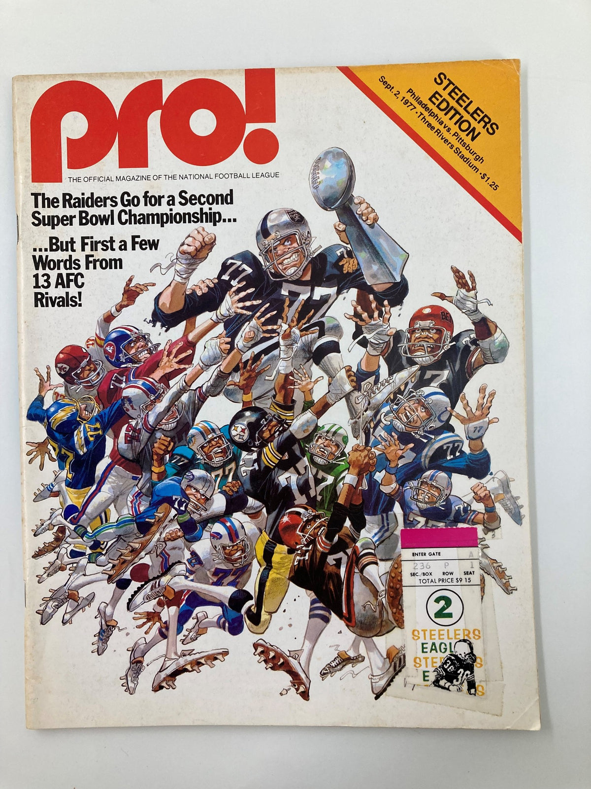 VTG Pro! Official NFL Magazine September 2 1977 featuring a colorful illustration of famous NFL players, including a trophy, celebrating the Raiders' pursuit of a second Super Bowl Championship. Ideal for football fans and collectors.
