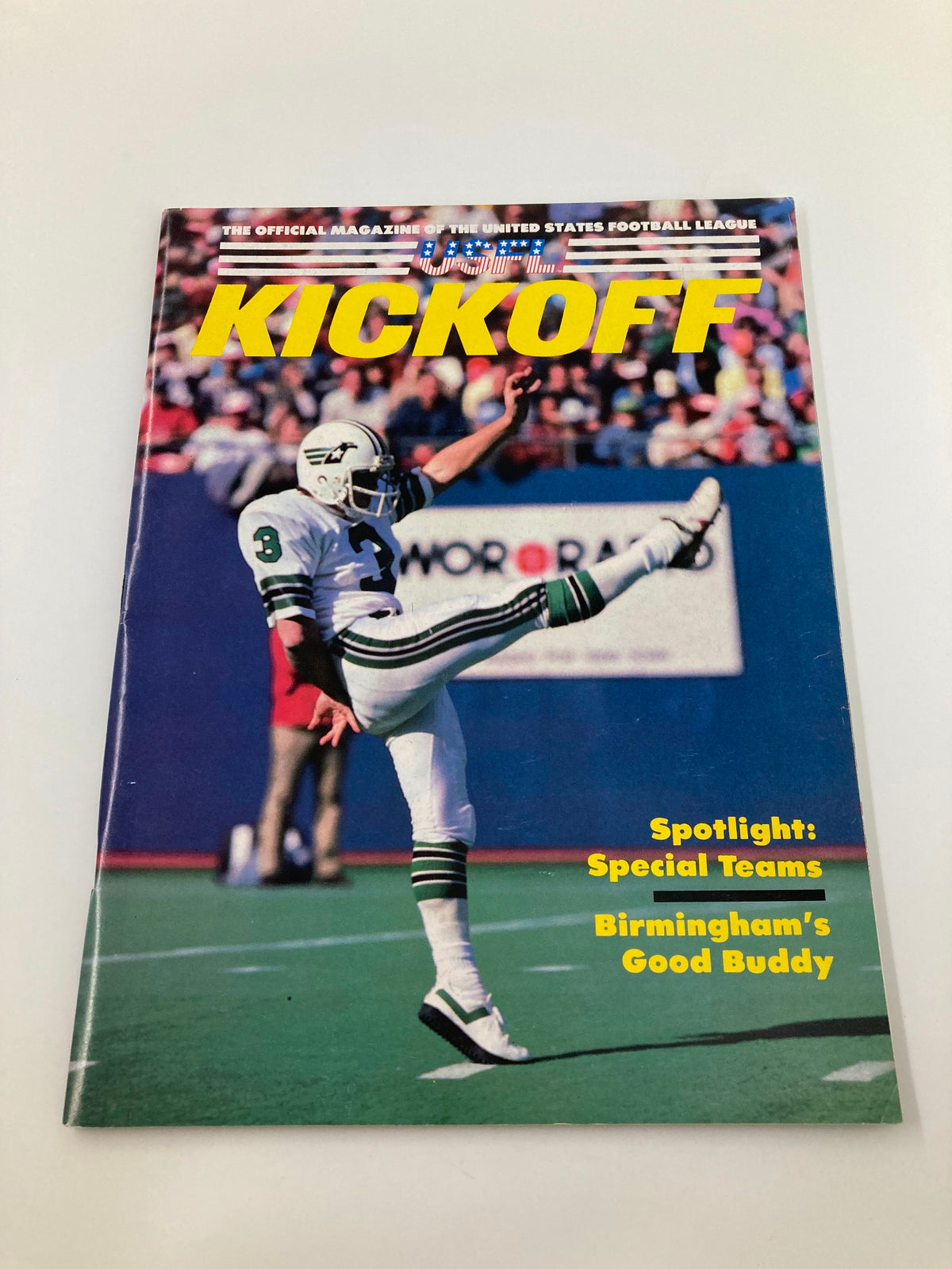 Cover of VTG USFL Kickoff Magazine 1984 Vol II #3, titled 'Taking The Bulls By Horns', featuring a player in action on the field with the magazine's title prominently displayed.
