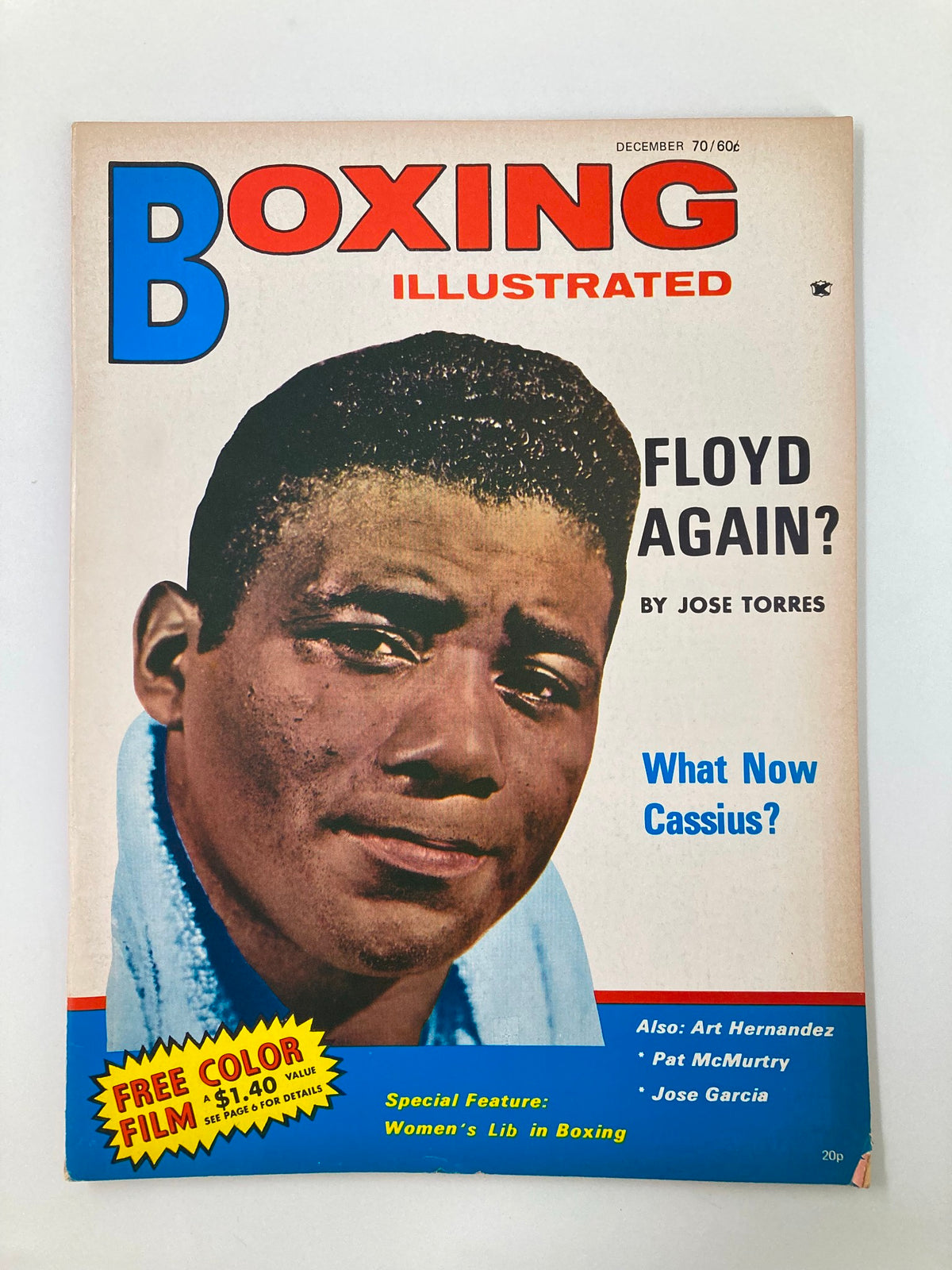VTG Boxing Illustrated Magazine December 1970 featuring Floyd Patterson on the cover, showcasing the title and special highlights including 'What Now Cassius?' and a promotional feature for a free color film.